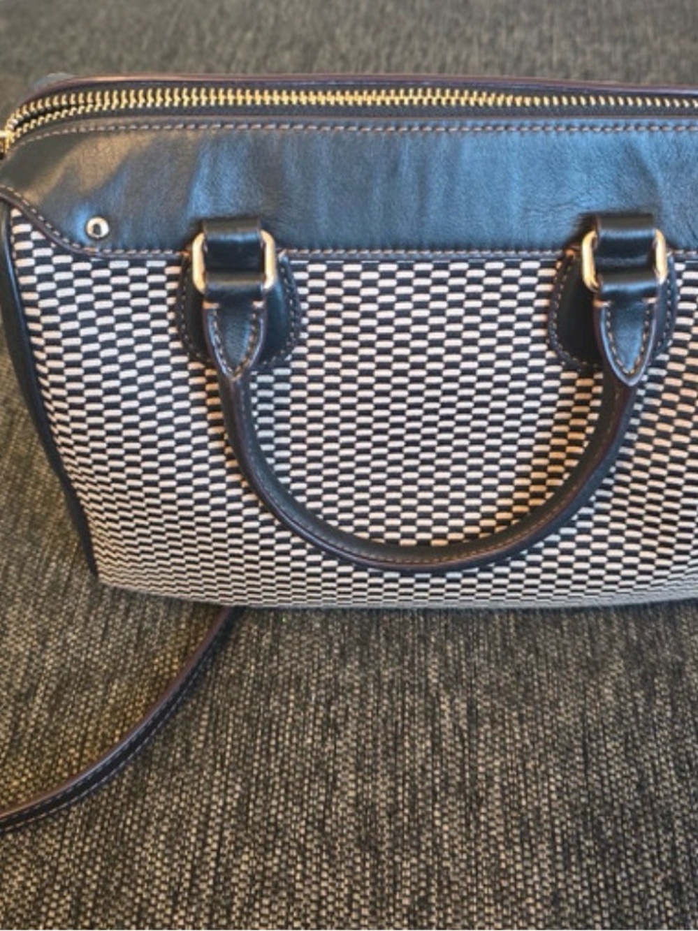 Coach Black and White Checkered Satchel with Brown Leather Trim - Picture 4 of 8